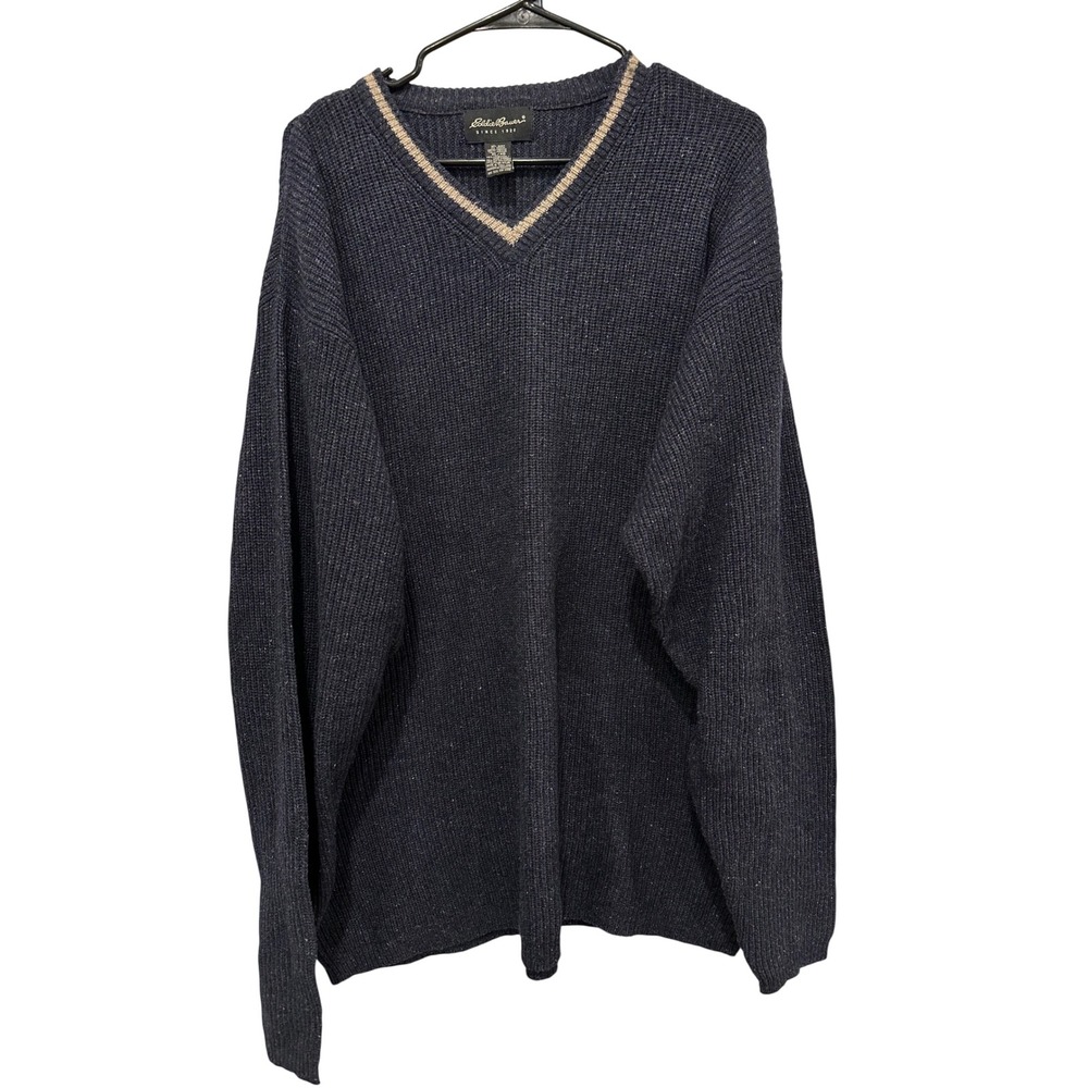 Eddie Bauer Mens XL‎ Tall Navy Blue Lambswool Blend V-Neck Ribbed Knit Sweater